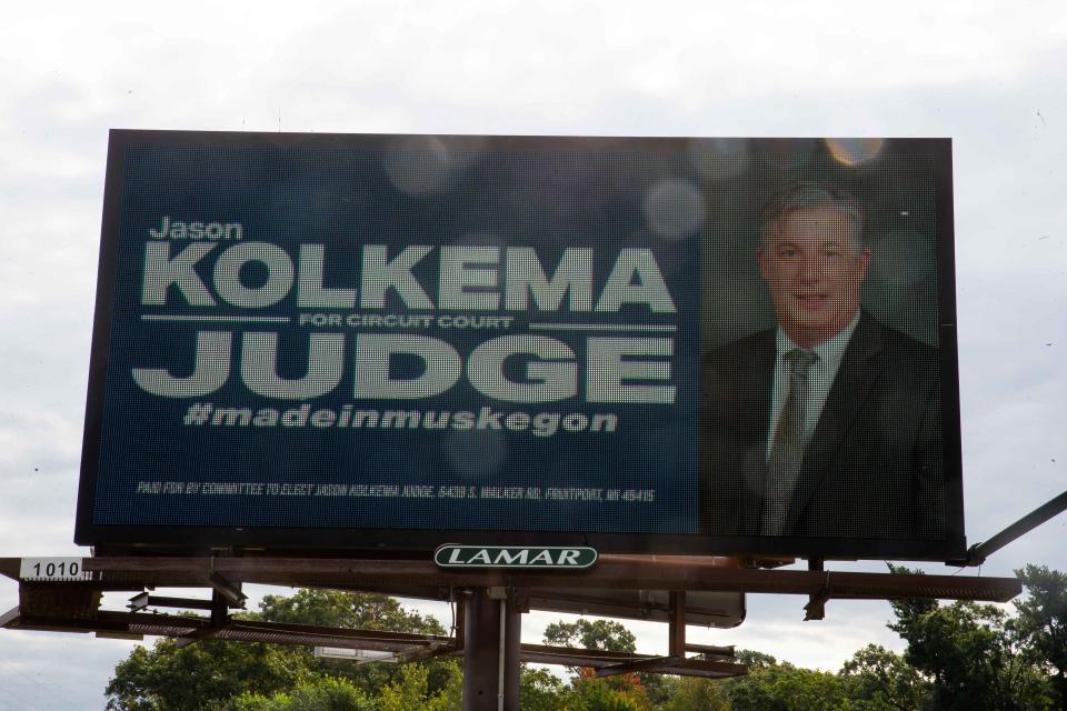 A billboard for Jason Kolkema sits along Whitehall Road Thursday, Oct. 6, 2022, in North Muskegon. 