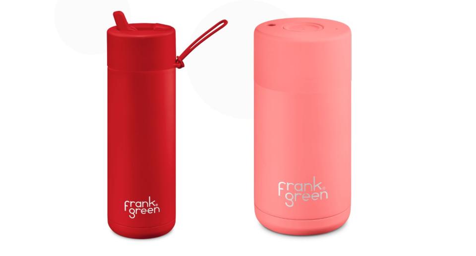 Frank Green bottle and cup in Peach Fuzz and Atomic Red colours. 