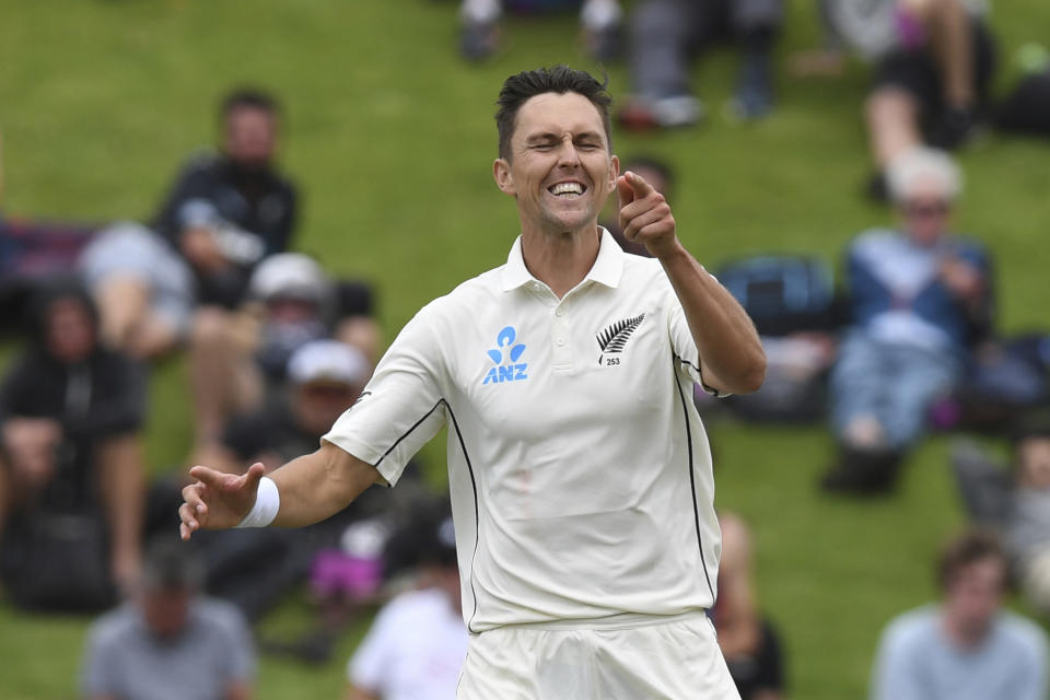 New Zealand's Trent Boult reacts after bowling against India during the first cricket test between India and New Zealand at the Basin Reserve in Wellington, New Zealand, Friday, Feb. 21, 2020. (AP Photo/Ross Setford)