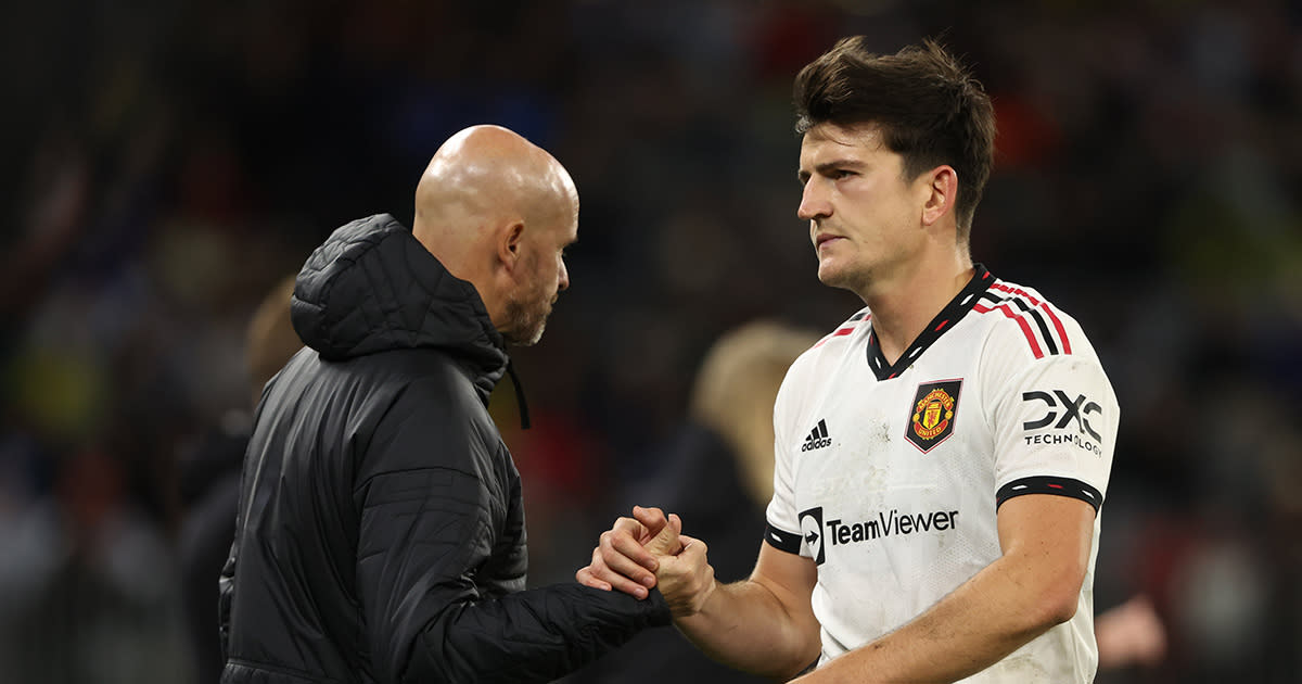  Manchester United manager Erik ten Hag and captain Harry Maguire during the Pre-Season Friendly match between Manchester United and Aston Villa at Optus Stadium on July 23, 2022 in Perth, Australia. 