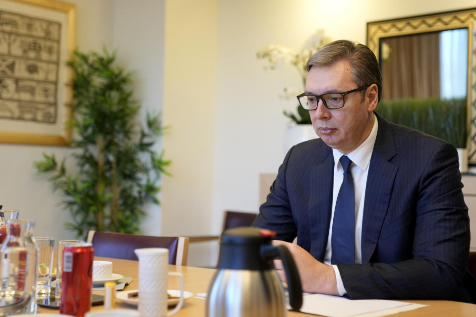 Serbian President Aleksandar Vucic waits for the start of a meeting with European Union foreign policy chief Josep Borrell in Brussels, Monday, Feb. 27, 2023. The leaders of Serbia and Kosovo are holding talks Monday on European Union proposals aimed at ending a long series of political crises and setting the two on the path to better relations and ultimately mutual recognition. (AP Photo/Virginia Mayo)