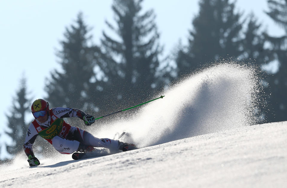 Marcel Hirscher of Austria competes during the first run of an alpine ski men's World Cup giant slalom, in Kranjska Gora, Slovenia, Saturday, March 8, 2014. (AP Photo/Giovanni Auletta)