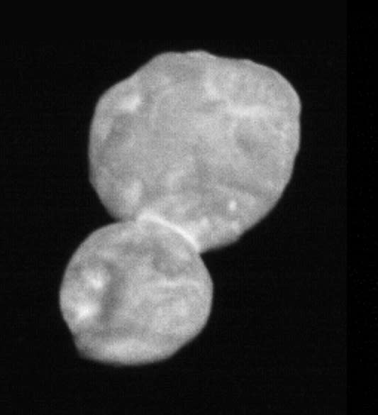 This Tuesday, Jan. 1, 2019 image made available by NASA shows the Kuiper belt object Ultima Thule, about 1 billion miles beyond Pluto, encountered by the New Horizons spacecraft. (NASA via AP)