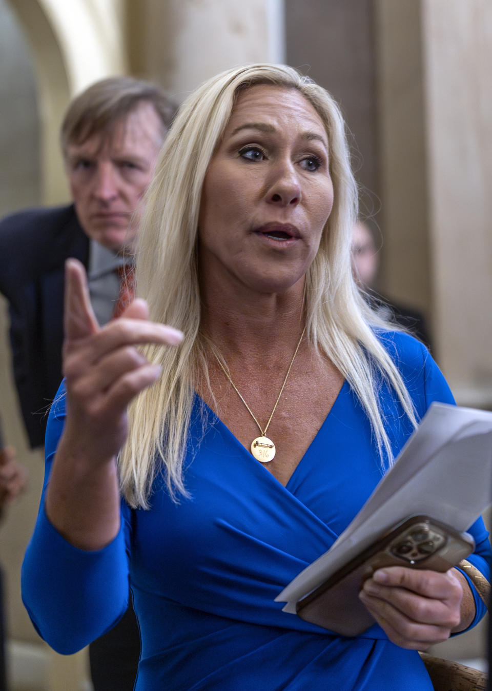 Rep. Marjorie Taylor Greene, R-Ga., leaves a meeting with House Speaker Mike Johnson, R-La., whom she has vowed to remove from his leadership post, at the Capitol in Washington, Tuesday, May 7, 2024. (AP Photo/J. Scott Applewhite)