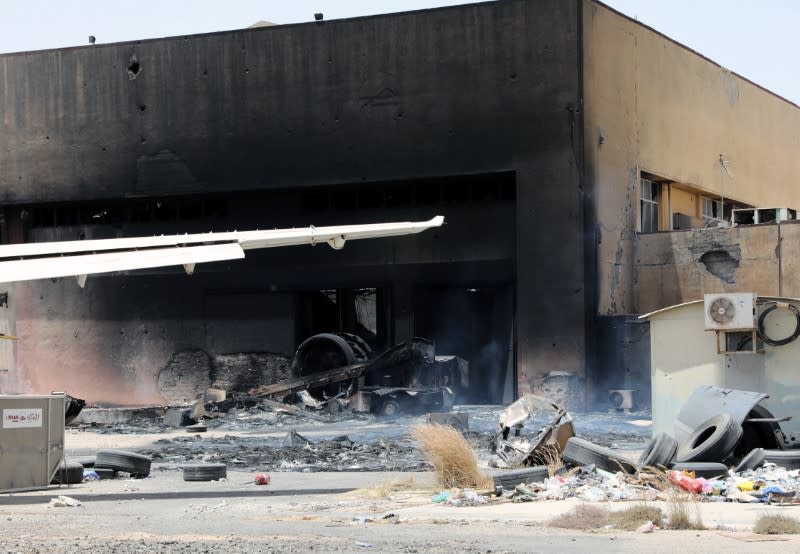 Airplane debris are seen at Tripoli airport after Libya's internationally recognised government regained control over the city, in Tripoli