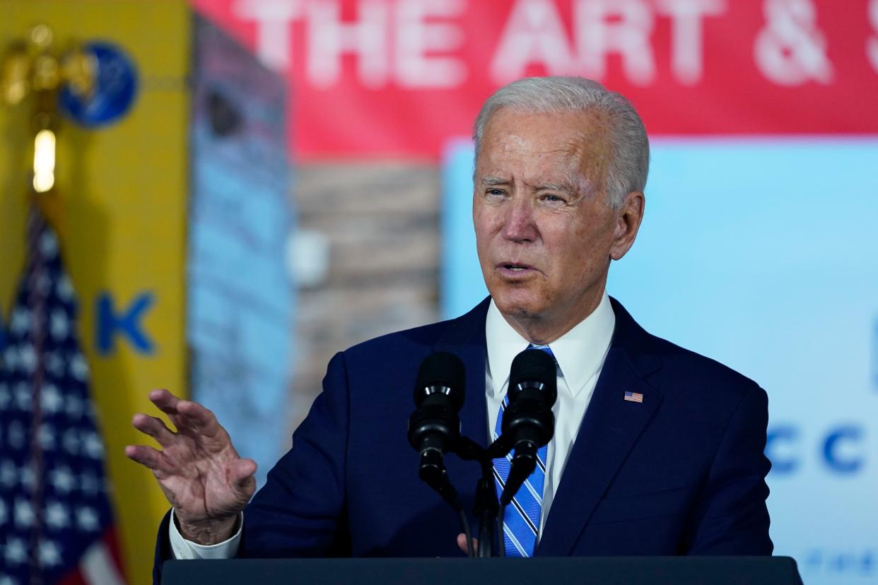 President Joe Biden speaks about COVID-19 vaccinations after touring a Clayco Corporation construction site for a Microsoft data center in Elk Grove Village, Ill., Thursday, Oct. 7, 2021.