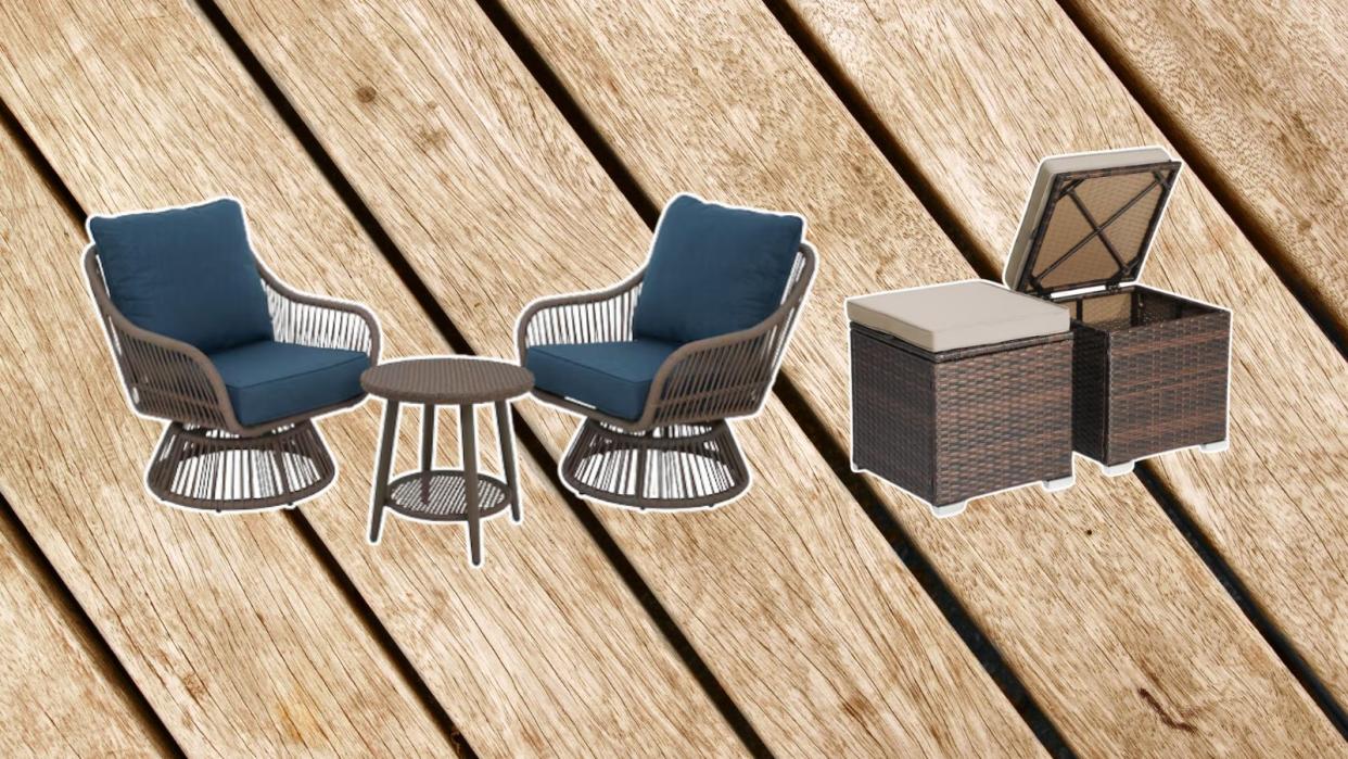  Lowe's outdoor furniture finds including a patio set and storage ottomans on a wooden deck background. 