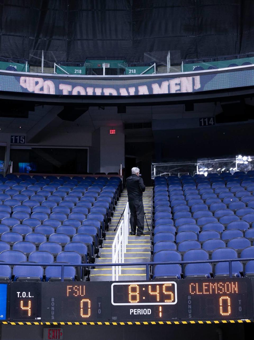 The scoreboard clock in the Greensboro Coliseum is stopped at 8:45, the amount of time left for Florida State and Clemson to complete their pre-game warm ups for their ACC quarterfinal game on Thursday, March 12, 2020 in Greensboro, N.C. Moments later ACC Commissioner John Swafford cancelled the game and the remainder of the tournament.