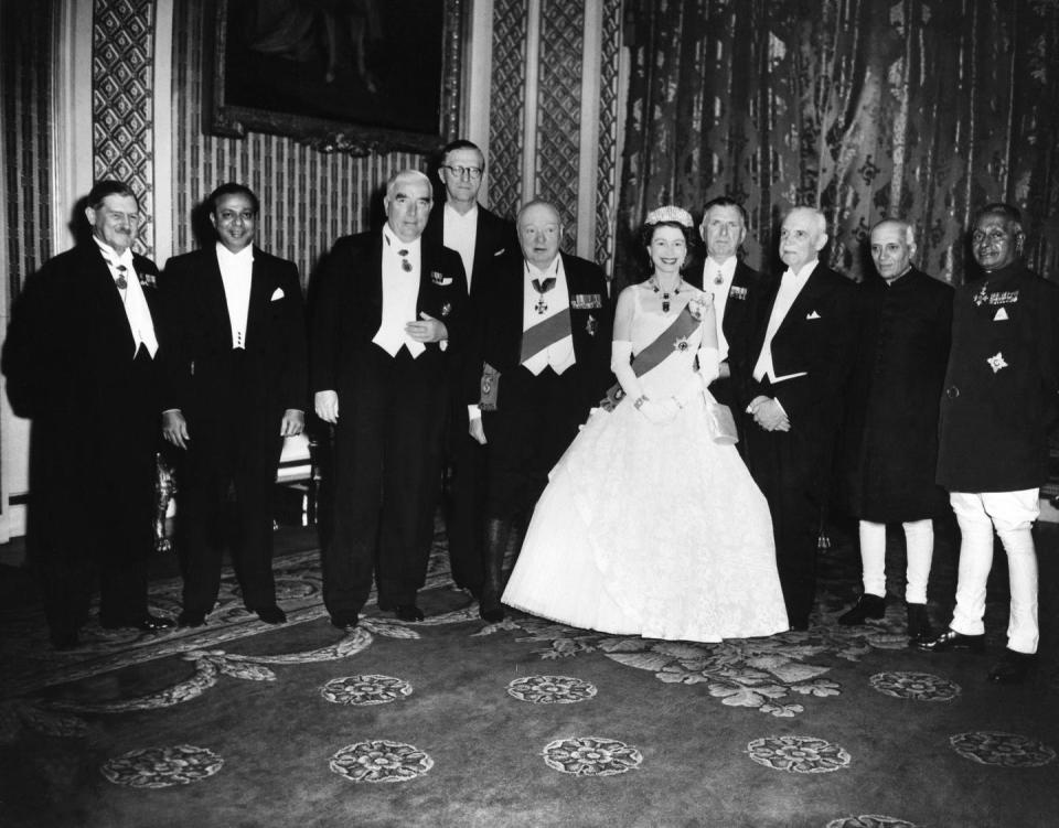 <p>Her Majesty smiles at the Commonwealth Conference with world leaders like Winston Churchill. </p>