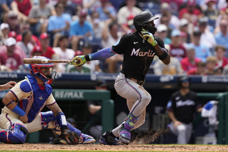 Miami Marlins' Jazz Chisholm hits a run-scoring single against Philadelphia Phillies pitcher Ranger Suarez during the fourth inning of a baseball game, Sunday, June 30, 2024, in Philadelphia. (AP Photo/Matt Slocum)