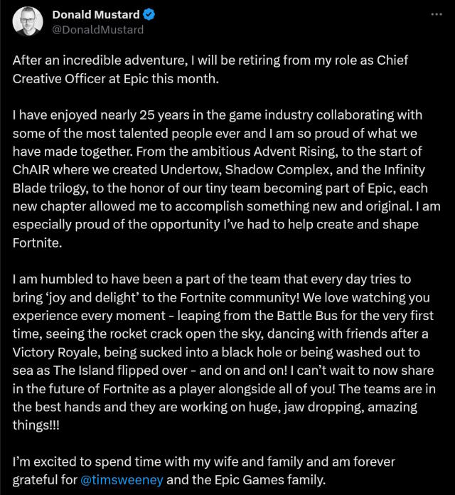 Epic Games Chief Creative Officer Donald Mustard retires