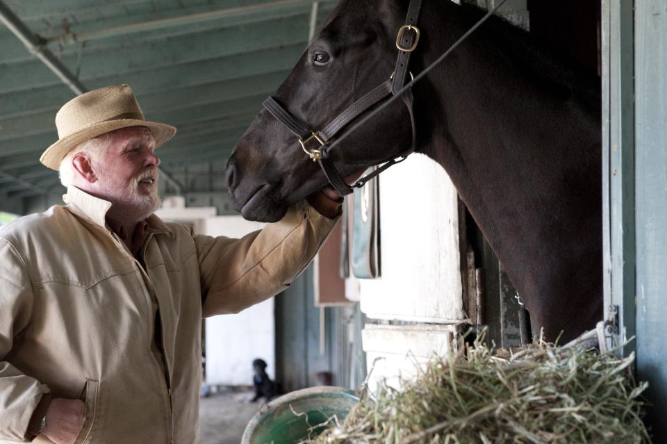 In this undated image released by HBO, Nick Nolte appears in a scene from the HBO original series "Luck." The former director of the American Humane Association's Film and Television Unit sued HBO and the group on Monday, Dec. 31, 2012, claiming she was fired for complaining about the use of drugged, sick and underweight horses on the show "Luck." (AP Photo/HBO, Gusmano Cesaretti )