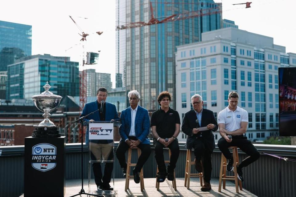 In August 2023, Penske Entertainment president and CEO Mark Miles (second from left), along with Music City Grand Prix officials, then-Nashville Mayor John Cooper and Team Penske driver Josef Newgarden helped formally announce plans to bring the following year's race to downtown Nashville. Those plans have now been dashed.