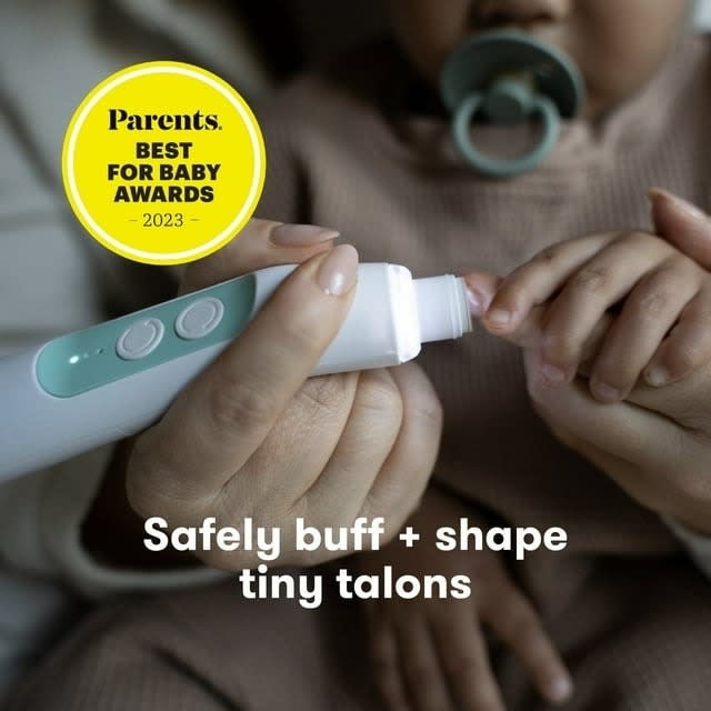 Adult uses a baby nail buffer on an infant's nails, awarded 'Parents Best for Baby 2023'