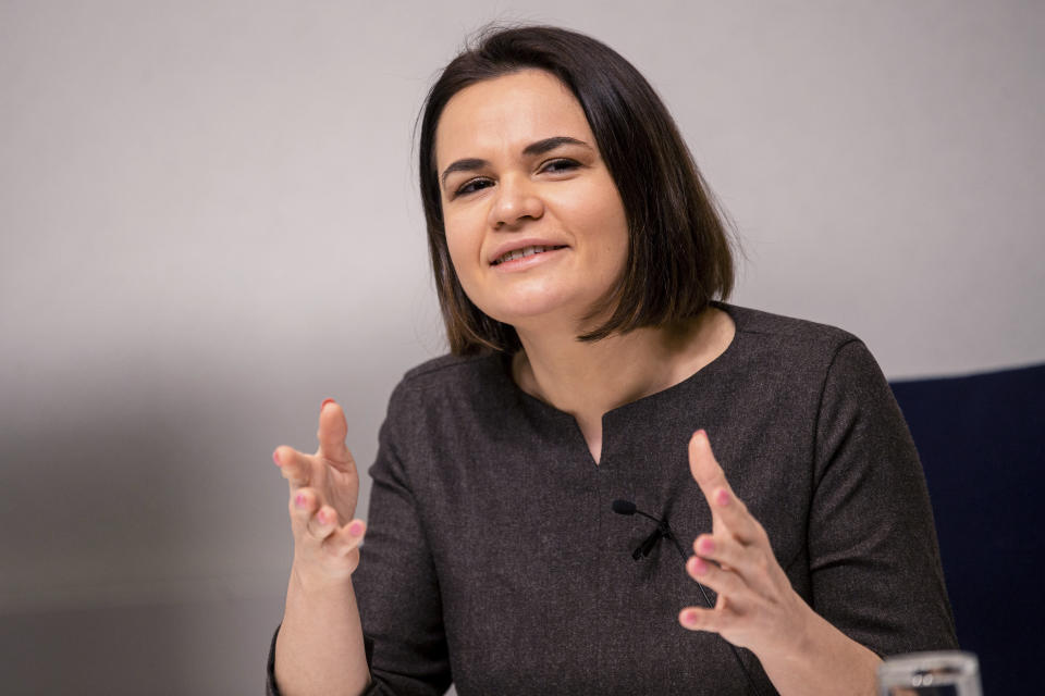 Belarusian opposition leader Sviatlana Tsikhanouskaya gestures during a news conference after talks with Estonian Prime Minister Juri Ratas in Tallinn, Estonia, Friday, Jan. 22, 2021. (AP Photo/Raul Mee)