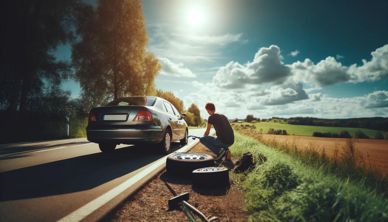 Image of a person changing a tire by the side of the road