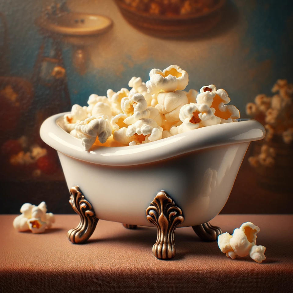 A bathtub-shaped bowl filled with popcorn on a table, with an artistic painting in the background