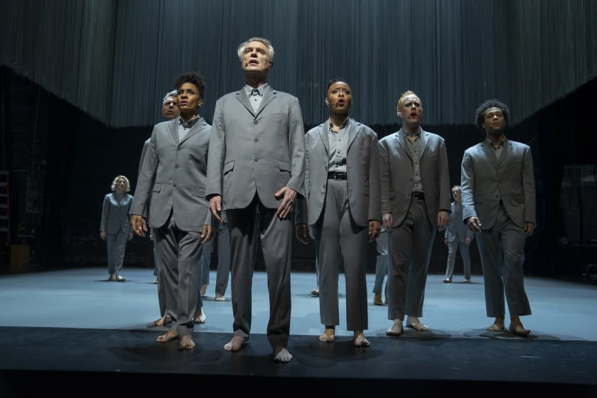 David Byrne in a production still from "David Byrne's American Utopia." Directed by Oscar® and Emmy® winning director Spike Lee, theone-of-a-kind, dynamic film gives audiences around the world access to Byrne'selectrifying Broadway show that played to sold-out, record-breaking audiences during itsrun from October 2019 to February 2020 at Broadway's Hudson Theater.