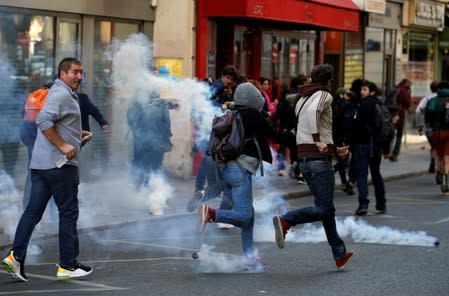 Protesters attend a demonstration on Act 45 (the 45th consecutive national protest on Saturday) of the yellow vests movement in Paris