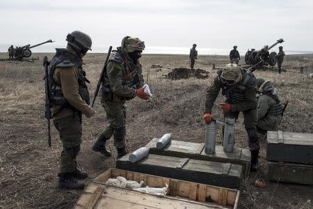 Ukraine's voluntary militia called the Azov Battalion holds artillery training in east Ukraine's village of Urzuf that sits west of the port city of Mariupol on the Azov Sea, March 19, 2015. REUTERS/Marko Djurica