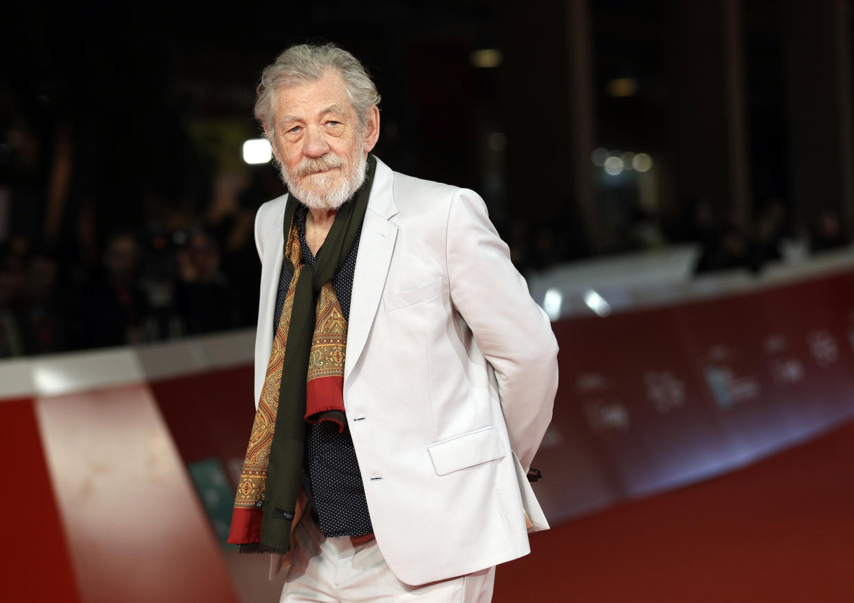 FILE – In this Nov. 1, 2017 file photo, actor Ian McKellen poses on the red carpet at the 12th edition of the Rome Film Festival. (AP Photo/Andrew Medichini, File)