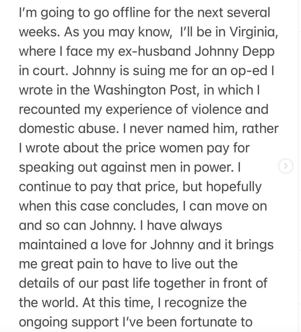 Amber Heard shares public message about Johnny Depp ahead of trial (Instagram)