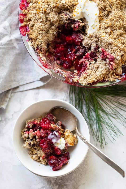 <p>Sweet, tart and comforting, this orange cranberry crumble is a perfect easy dessert.</p><p><strong>Get the recipe: <a href="https://familystylefood.com/orange-cranberry-crumble/" rel="nofollow noopener" target="_blank" data-ylk="slk:Orange Cranberry Crumble;elm:context_link;itc:0;sec:content-canvas" class="link rapid-noclick-resp"><em>Orange Cranberry Crumble</em></a></strong></p>