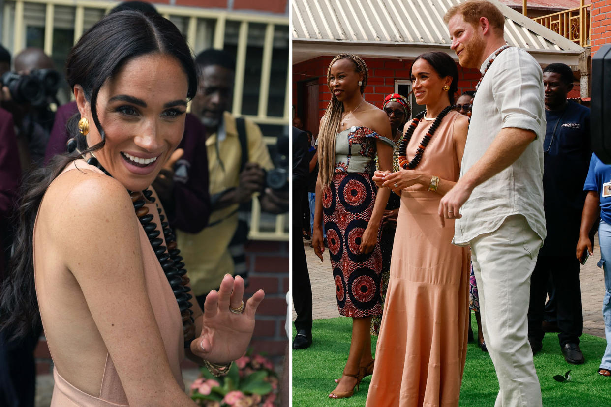 Meghan Markle, waving at cameras at Nigerian school, left; her wearing dress alongside Prince Harry, right