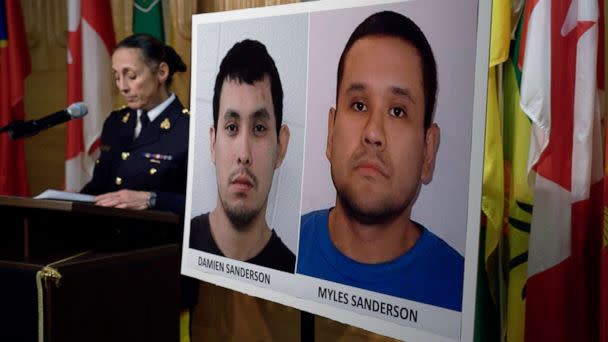 PHOTO: Assistant Commissioner Rhonda Blackmore speaks next to images of Damien Sanderson and Myles Sanderson during a press conference at the Royal Canadian Mounted Police 'F' Division headquarters in Regina, Saskatchewan, Sept. 4, 2022. (The Canadian Press via AP)