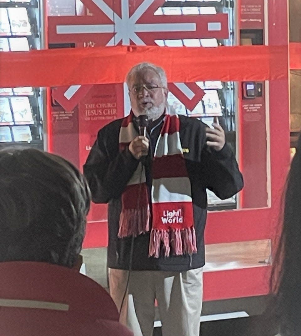 Kevin McCoy of Athens speaks during an Atlanta opening of Mobile Giving Machines that provide donations for a number of charities.