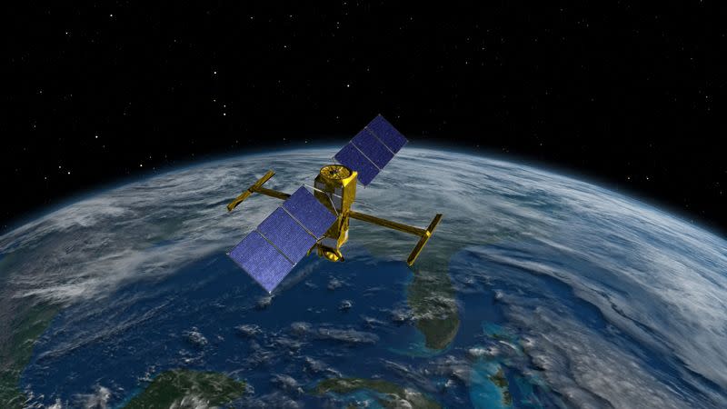 The advanced radar SWOT spacecraft is seen in an artist's rendition