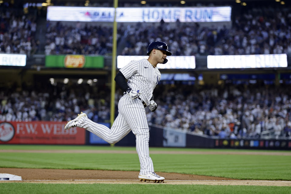 New York Yankees' Gleyber Torres rounds third base after hitting a home run against the Boston Red Sox during the fourth inning of a baseball game Saturday, June 10, 2023, in New York. (AP Photo/Adam Hunger)