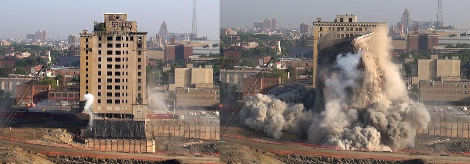 The 13 story 252 room Park Avenue Hotel, built in 1924, before and during is implosion on Saturday July 11, 2015 in Detroit with a view from the top of the Town Pump. 