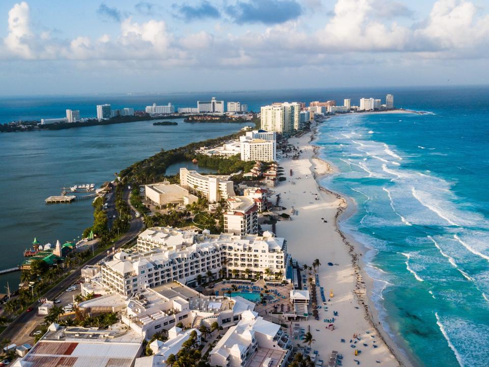 Aerial Drone View of Zona Hotelera in Cancun, Mexico