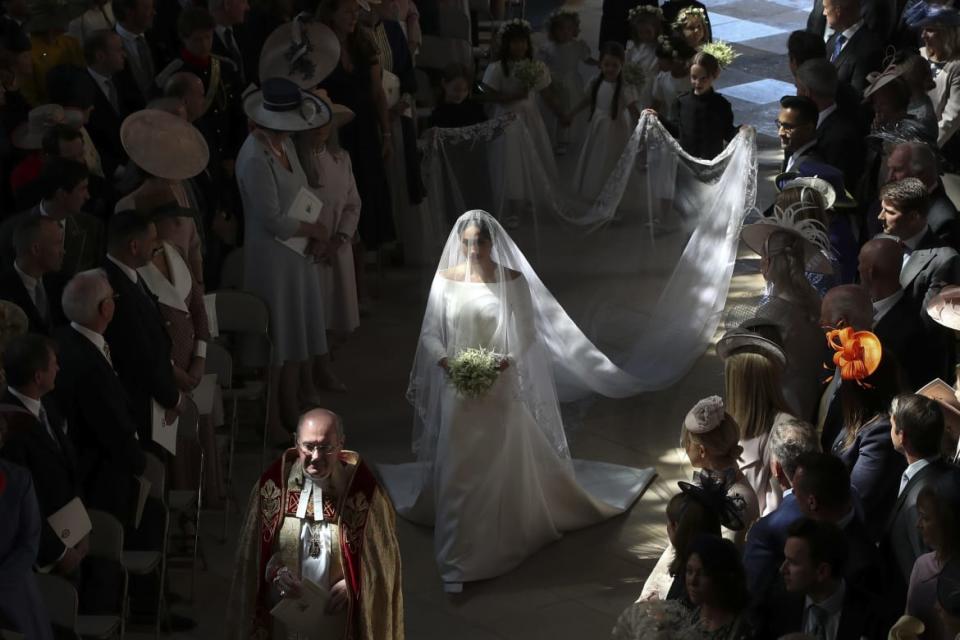 <div class="inline-image__caption"><p>Meghan Markle walks down the aisle in St George's Chapel, Windsor Castle, in Windsor, on May 19, 2018 during her wedding to Britain's Prince Harry, Duke of Sussex.</p></div> <div class="inline-image__credit">Danny Lawson/Getty</div>