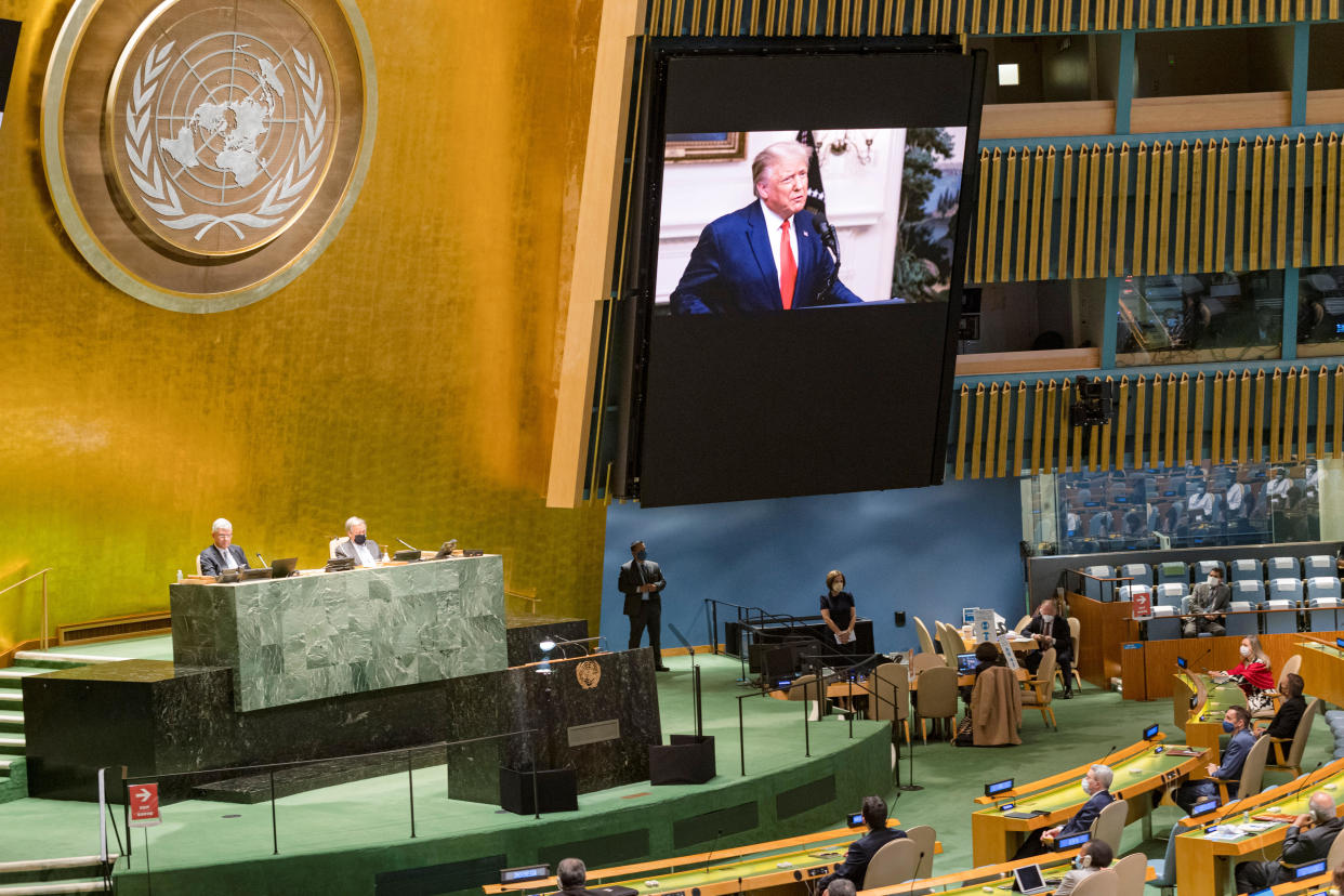 President Trump speaks during the 75th annual U.N. General Assembly, which is being held mostly virtual amid the coronavirus pandemic, as seen on Tuesday, September 22, 2020. / Credit: United Nations / Handout via Reuters