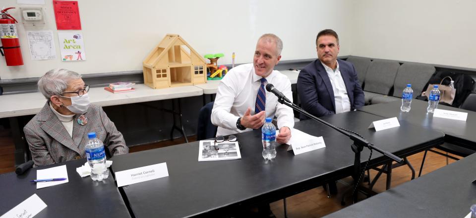 U.S. Rep. Sean Patrick Maloney D-NY, center, attends a roundtable discussion about clean water, at the Nyack Center in Nyack, Oct. 21, 2022. At left is Legislator Harriet Cornell, and right is Joe Rand, a village trustee. 