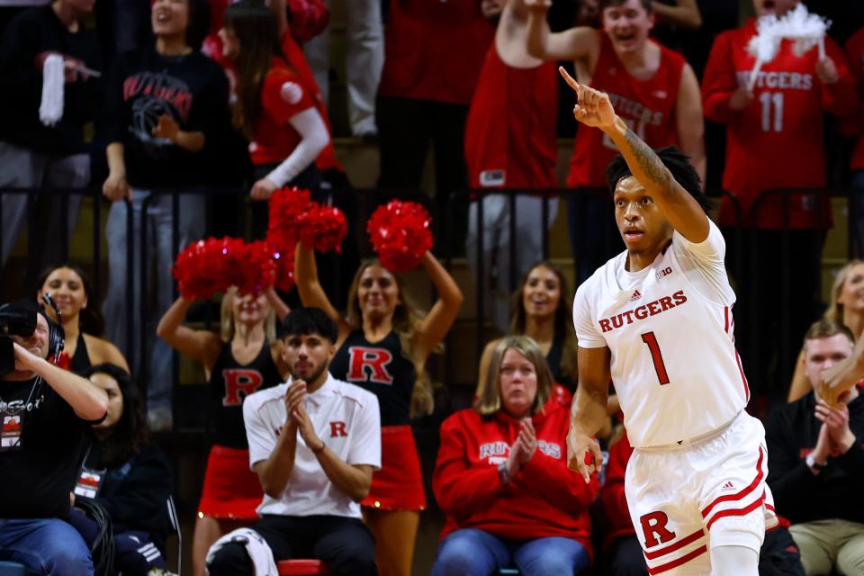 PISCATAWAY, NEW JERSEY - JANUARY 9: Jamichael Davis #1 of the Rutgers Scarlet Knights gestures after scoring a basket against the Indiana Hoosiers during the first half at Jersey Mike's Arena on January 9, 2024 in Piscataway, New Jersey. (Photo by Rich Schultz/Getty Images)