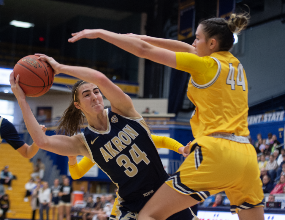 Akron's Reagan Bass looks to make a play as Kent State's Lindsey Thall defends.