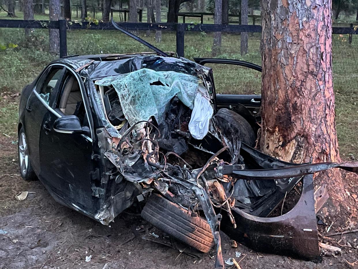 The driver and sole occupant of this damaged car was killed early Tuesday morning, FHP officials said.