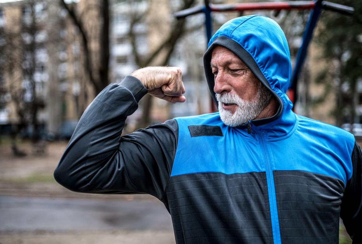 Why is it harder to build muscle as you age? <a href="https://www.gettyimages.com/detail/photo/senior-male-bodybuilder-flexing-his-biceps-royalty-free-image/1310652763?adppopup=true" rel="nofollow noopener" target="_blank" data-ylk="slk:DjelicS/iStock via Getty Images;elm:context_link;itc:0;sec:content-canvas" class="link "> DjelicS/iStock via Getty Images</a>