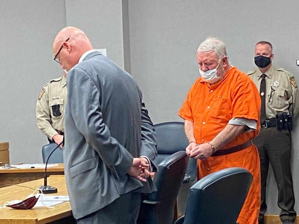 Roger Self (right) entered an Alford plea on Monday, January 25, 2021, in a Gaston County courthouse for the deaths of his daughter, Katelyn Self and his daughter-in-law, Amanda Self, in May 2018 in Bessemer City, NC. Under an Alford plea, defendants can plead guilty while maintaining their innocence.