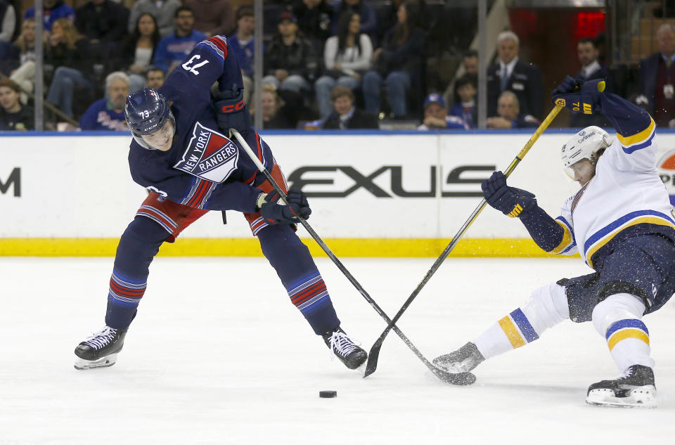 New York Rangers center Matt Rempe, left, and St. Louis Blues center Oskar Sundqvist, right, battle for the puck during the second period of an NHL hockey game Saturday, March 9, 2024, in New York. (AP Photo/John Munson)