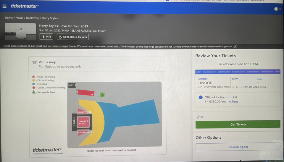 Captura de pantalla de la página de Ticketmaster para comprar los boletos de la gira Love On Tour de Harry Styles (Orlamargaret/Captura de pantalla de Twitter)