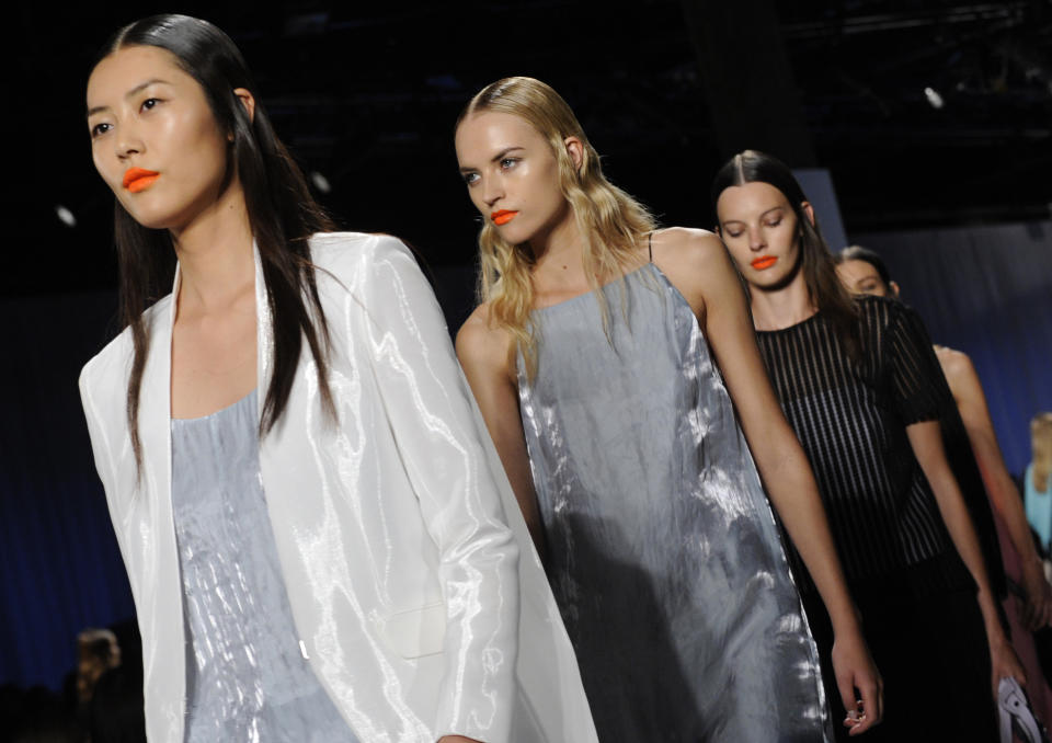 The Rag & Bone Spring 2014 collection is modeled during Fashion Week, Friday, Sept. 6, 2013, in New York. (AP Photo/Louis Lanzano)