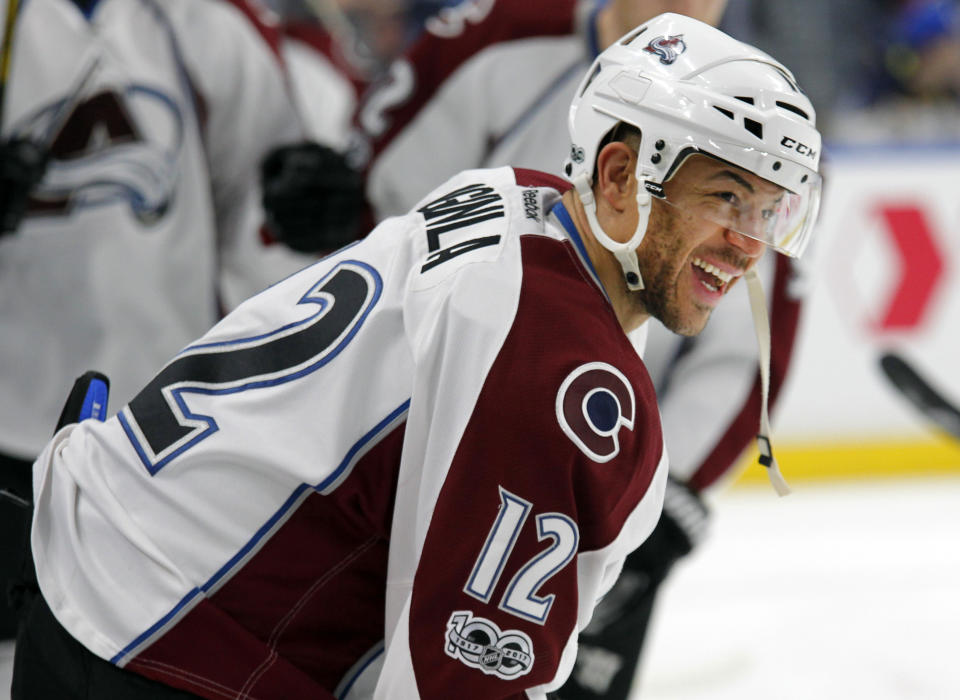 FILE - In this Feb. 16, 2017, file photo, Colorado Avalanche forward Jarome Iginla (12) looks on prior to an NHL hockey game against the Buffalo Sabres in Buffalo, N.Y. The 20-year veteran was dealt to the Los Angeles Kings, a playoff contender, on Wednesday, March 1, 2017, by the league-worst Avalanche. (AP Photo/Jeffrey T. Barnes, File)