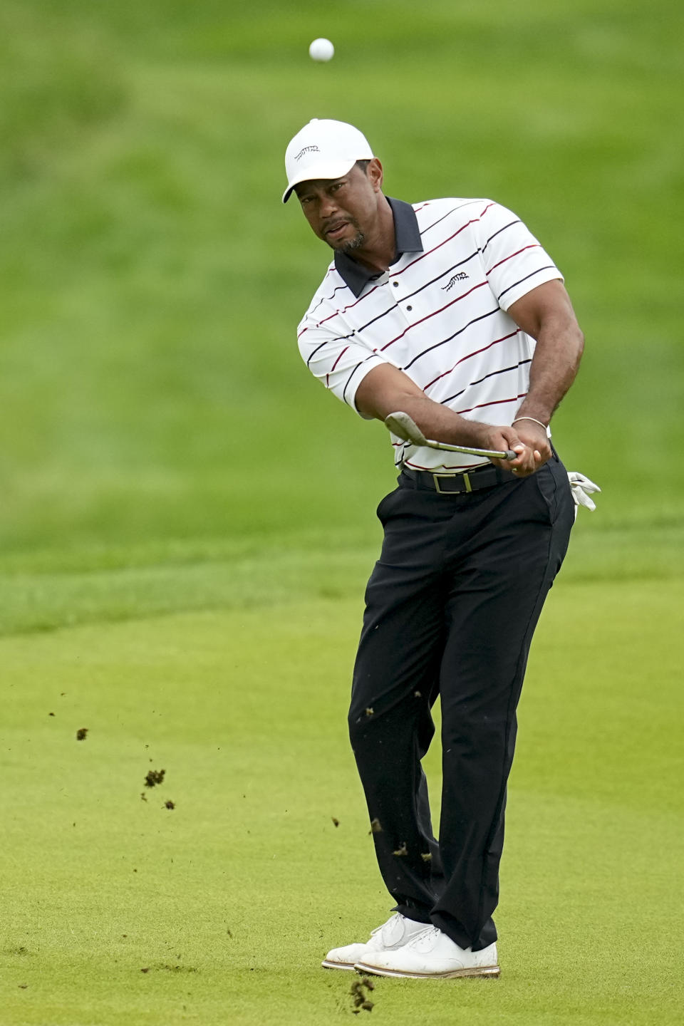 Tiger Woods chips to the green on the ninth hole during the second round of the PGA Championship golf tournament at the Valhalla Golf Club, Friday, May 17, 2024, in Louisville, Ky. (AP Photo/Sue Ogrocki)
