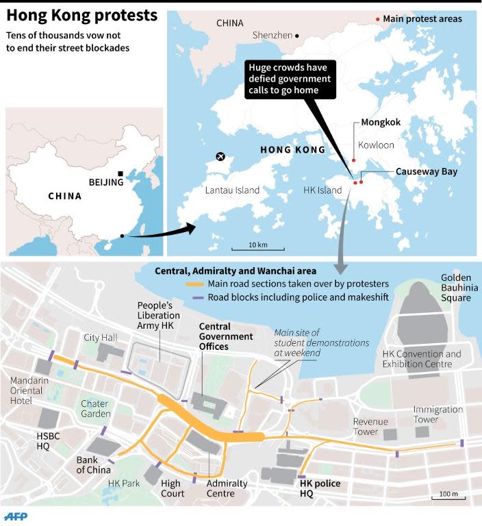 Updated map of the main protest zone in Hong Kong Tuesday