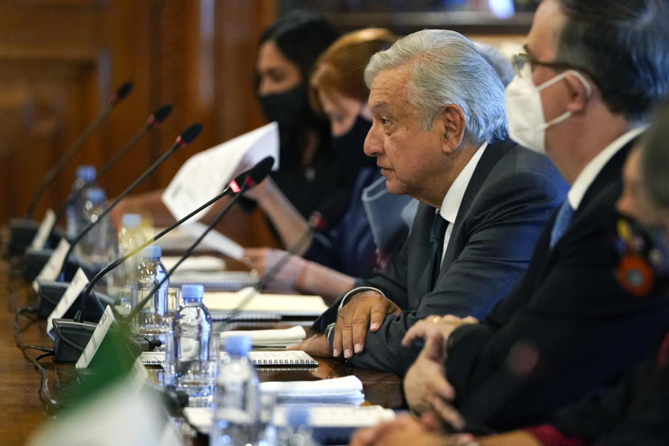 Vice President Kamala Harris and Mexican President Andres Manuel Lopez Obrador attend a bilateral meeting Tuesday, June 8, 2021, at the National Palace in Mexico City. (AP Photo/Jacquelyn Martin)