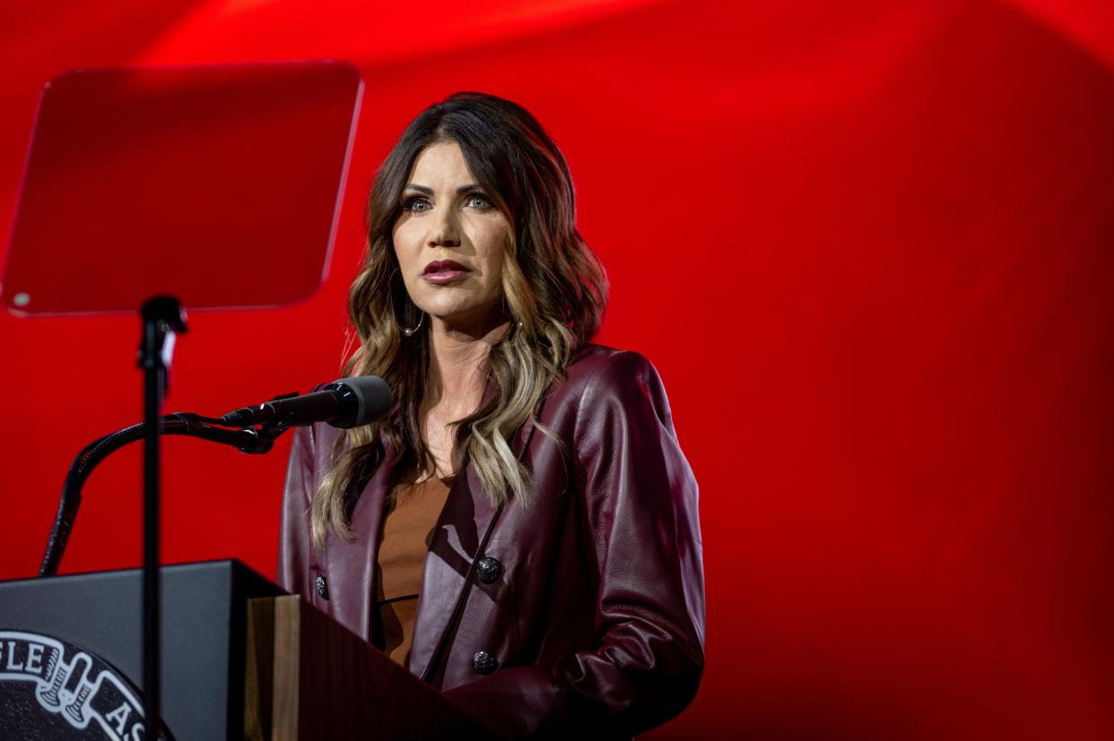 South Dakota Gov. Kristi Noem speaks during the NRA annual convention at the George R. Brown Convention Center on May 27, 2022 in Houston, Texas. 